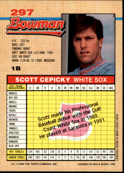 1992 Bowman #297 Scott Cepicky back image