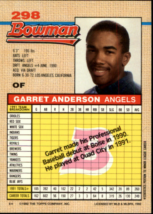 1992 Bowman #298 Garret Anderson RC back image