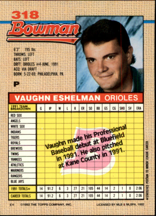 1992 Bowman #318 Vaughn Eshelman RC back image