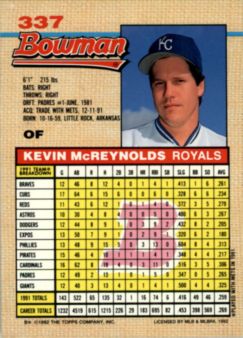 1992 Bowman #337 Kevin McReynolds back image