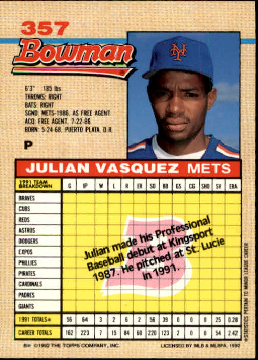 1992 Bowman #357 Julian Vasquez RC back image