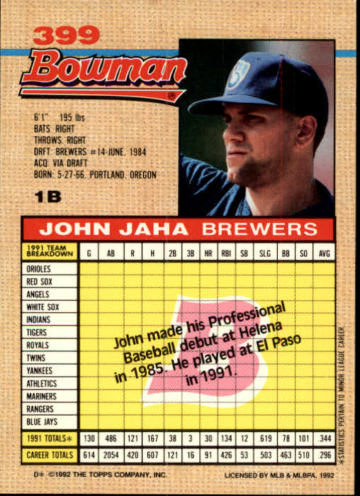 1992 Bowman #399 John Jaha RC back image