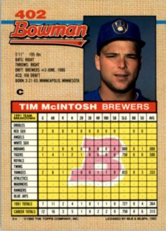 1992 Bowman #402 Tim McIntosh back image