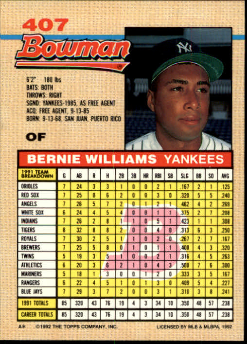 1992 Bowman #407 Bernie Williams back image