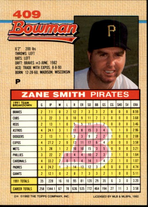 1992 Bowman #409 Zane Smith back image