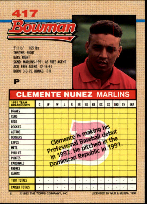 1992 Bowman #417 Clemente Nunez RC back image