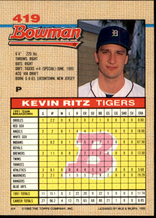 1992 Bowman #419 Kevin Ritz back image