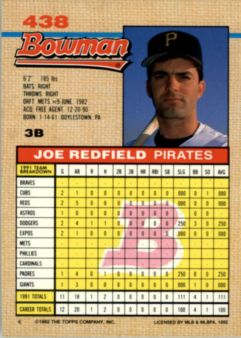 1992 Bowman #438 Joe Redfield back image