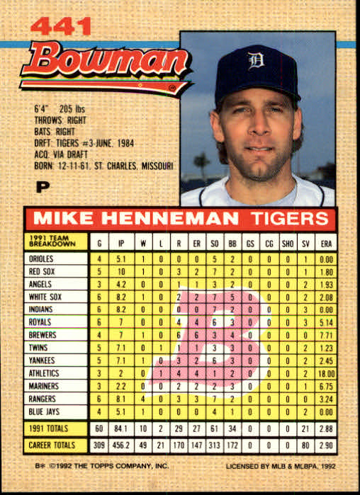 1992 Bowman #441 Mike Henneman back image