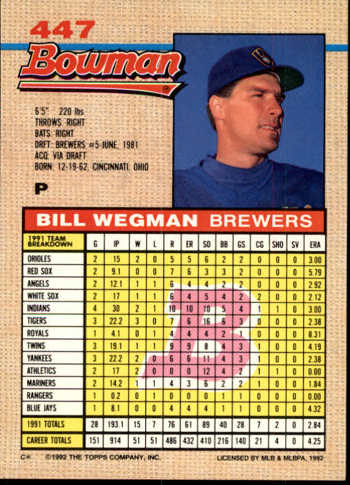 1992 Bowman #447 Bill Wegman back image