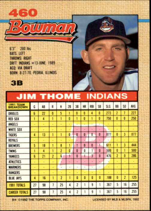 1992 Bowman #460 Jim Thome back image