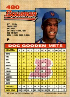 1992 Bowman #480 Dwight Gooden back image