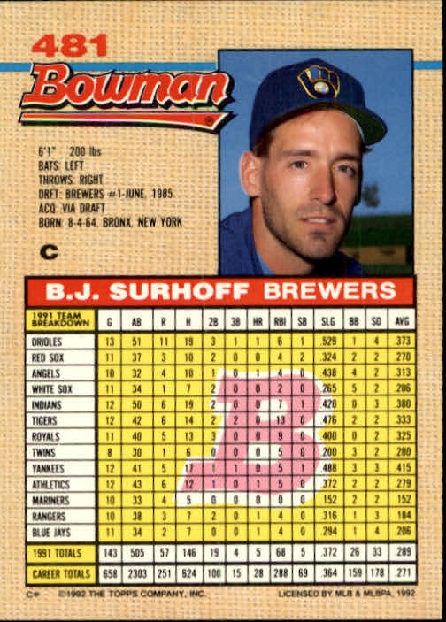 1992 Bowman #481 B.J. Surhoff back image