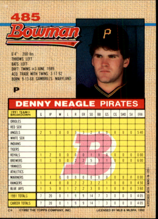 1992 Bowman #485 Denny Neagle back image