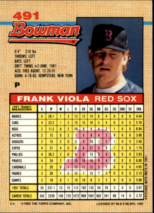 1992 Bowman #491 Frank Viola back image