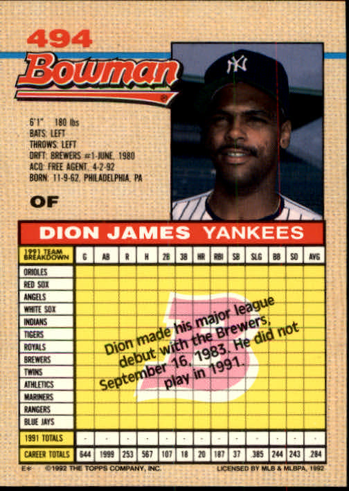 1992 Bowman #494 Dion James back image