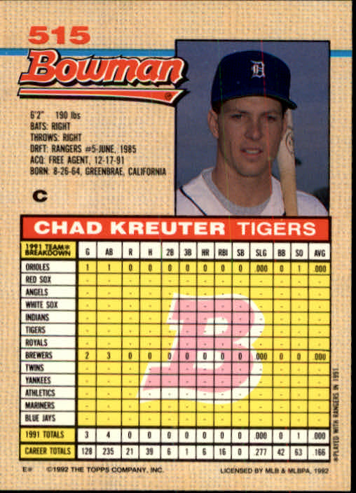 1992 Bowman #515 Chad Kreuter back image