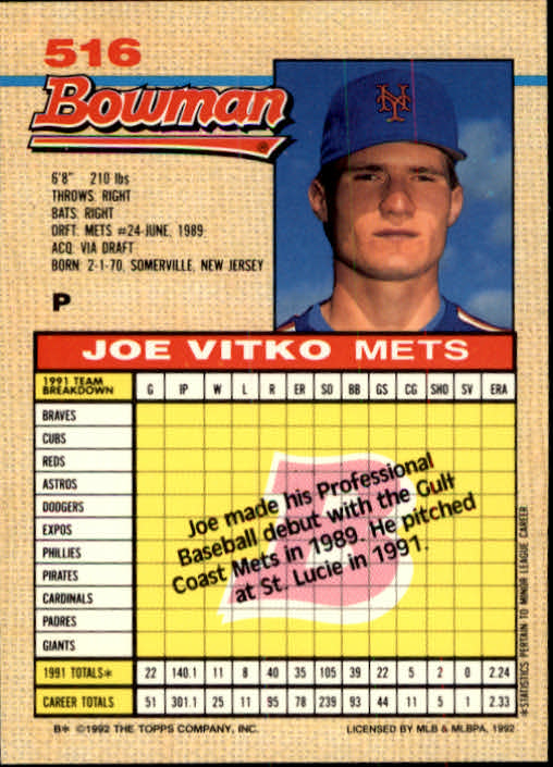 1992 Bowman #516 Joe Vitko RC back image