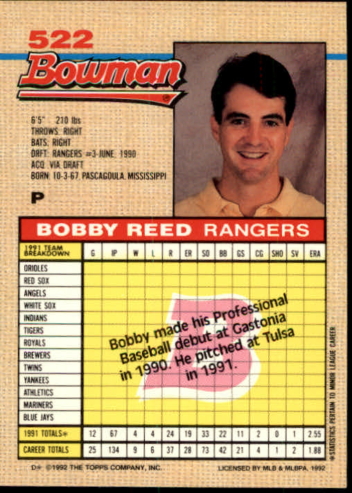 1992 Bowman #522 Bobby Reed RC back image
