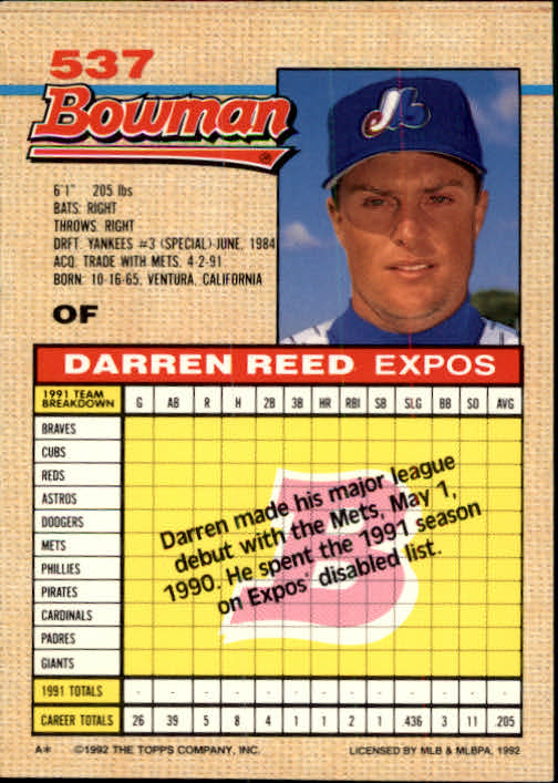 1992 Bowman #537 Darren Reed back image