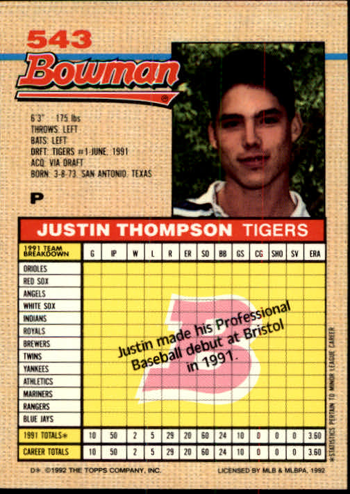 1992 Bowman #543 Justin Thompson RC back image