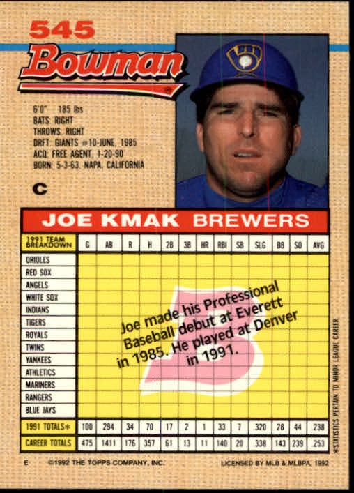 1992 Bowman #545 Joe Kmak back image
