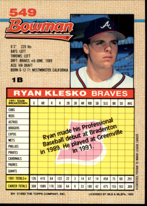 1992 Bowman #549 Ryan Klesko - NM-MT
