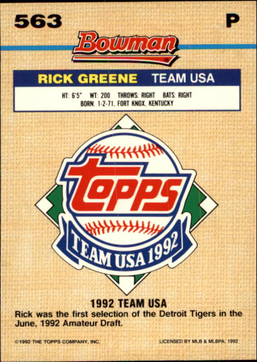 1992 Bowman #563 Rick Greene FOIL RC back image
