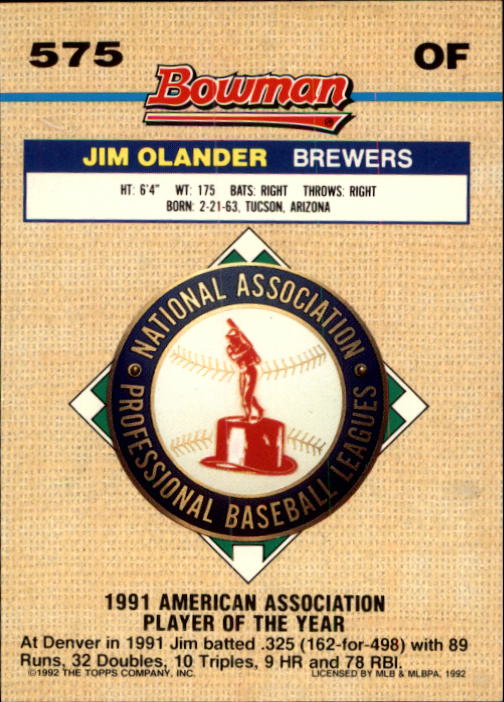 1992 Bowman #575 Jim Olander FOIL back image