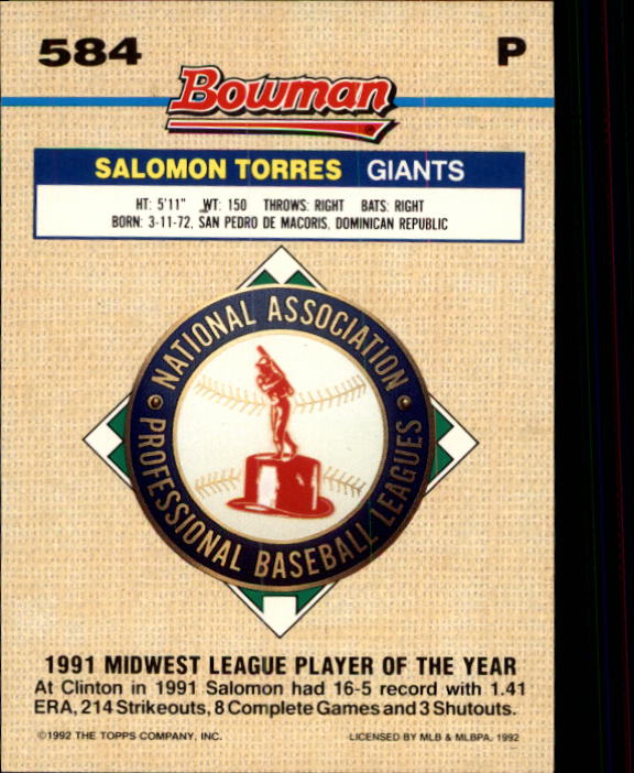 1992 Bowman #584 Salomon Torres FOIL back image