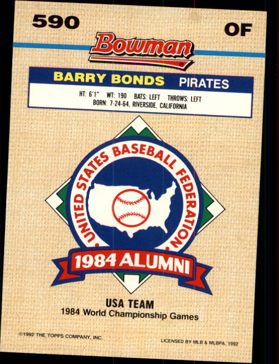 1992 Bowman #590 Barry Bonds FOIL back image