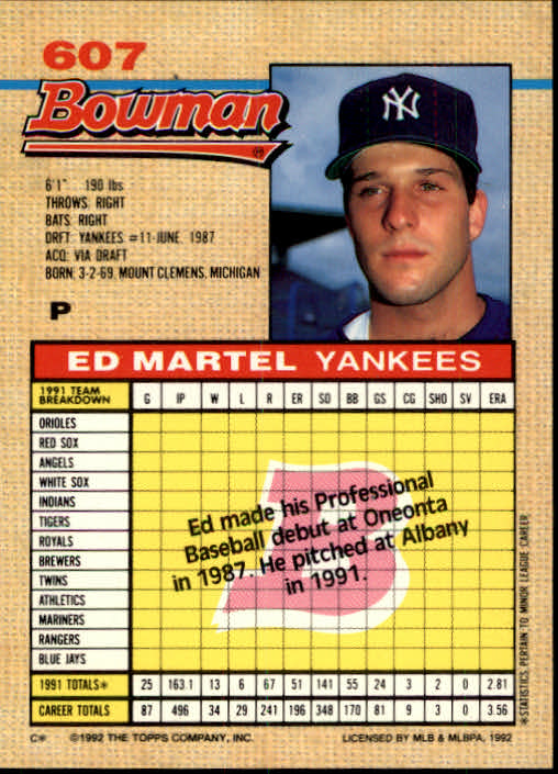 1992 Bowman #607 Ed Martel RC back image