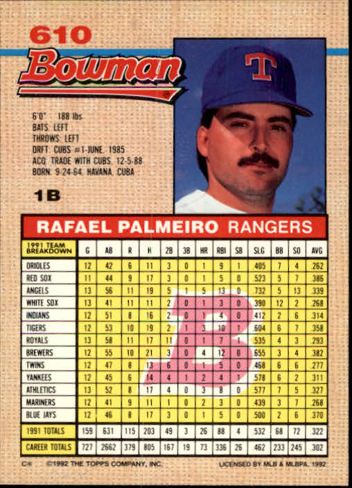 1992 Bowman #610 Rafael Palmeiro back image