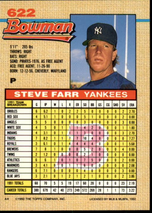 1992 Bowman #622 Steve Farr back image