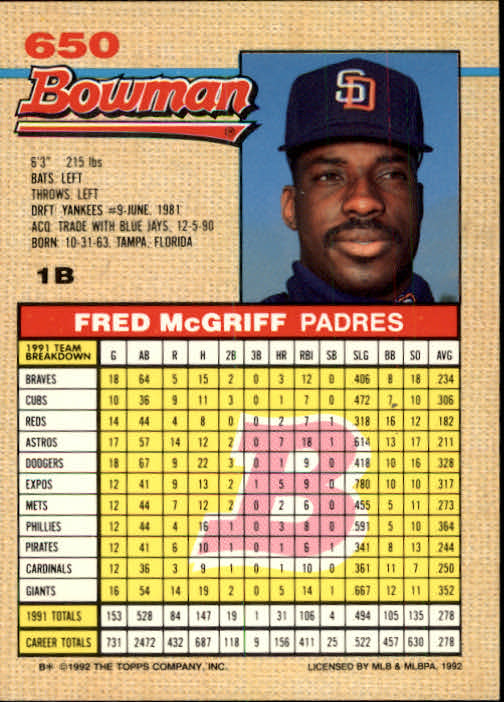 1992 Bowman #650 Fred McGriff back image
