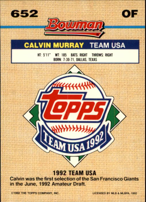 1992 Bowman #652 Calvin Murray FOIL RC back image