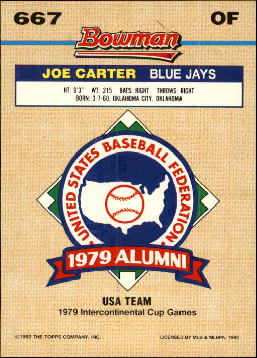 1992 Bowman #667 Joe Carter FOIL back image