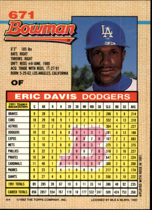 1992 Bowman #671 Eric Davis back image