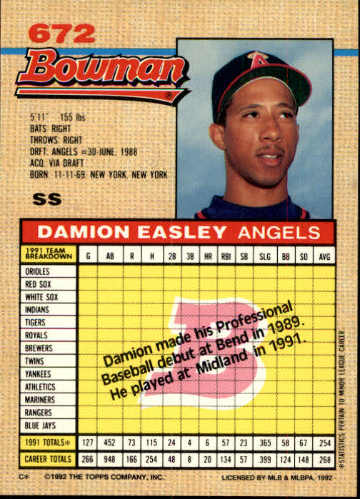 1992 Bowman #672 Damion Easley RC back image