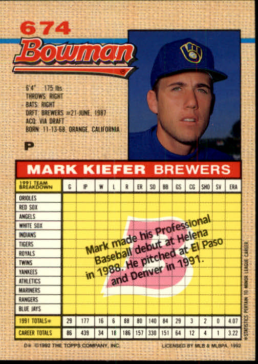 1992 Bowman #674 Mark Kiefer RC back image