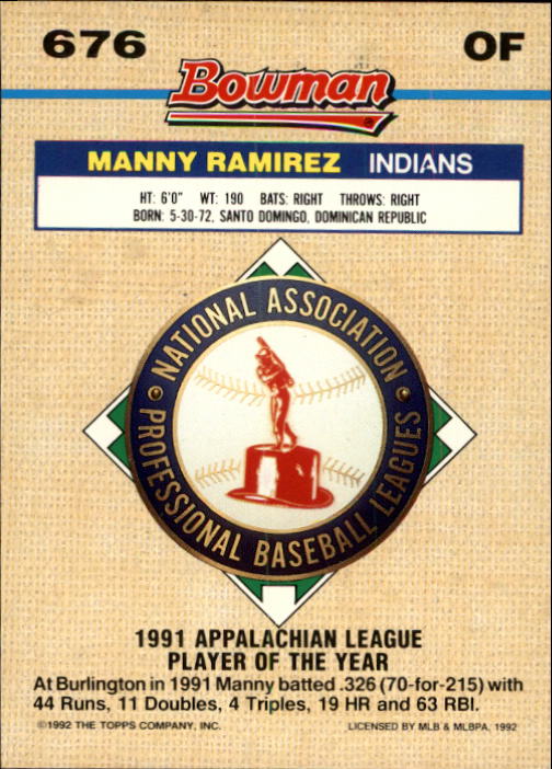 1992 Bowman #676 Manny Ramirez FOIL back image