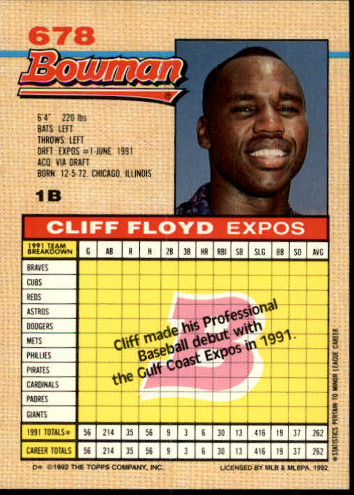 1992 Bowman #678 Cliff Floyd RC back image