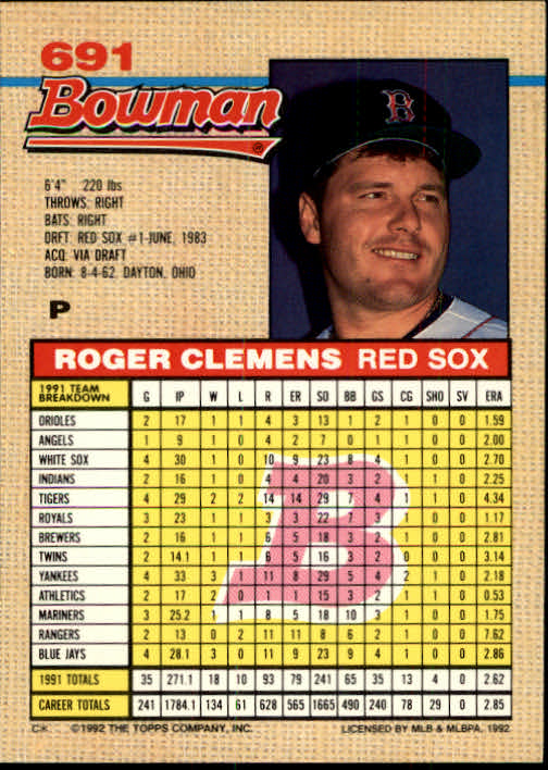 1992 Bowman #691 Roger Clemens back image