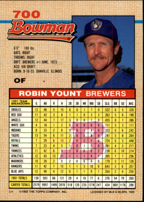 1992 Bowman #700 Robin Yount back image