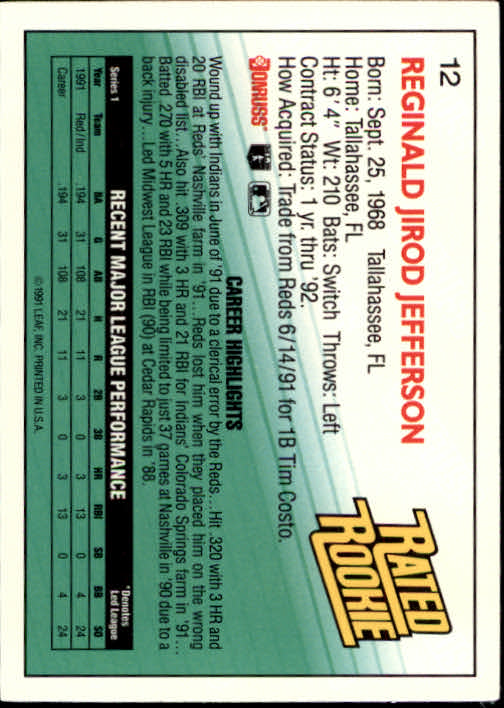 1992 Donruss #12 Reggie Jefferson RR back image