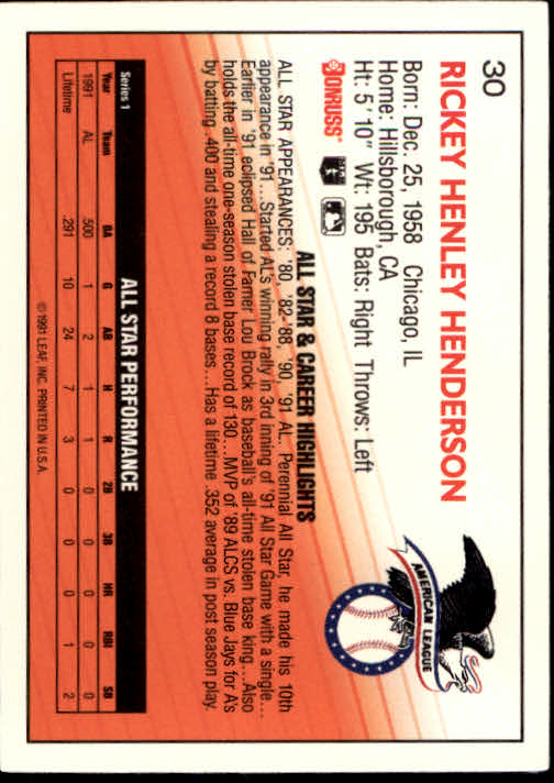 1992 Donruss #30 Rickey Henderson AS back image