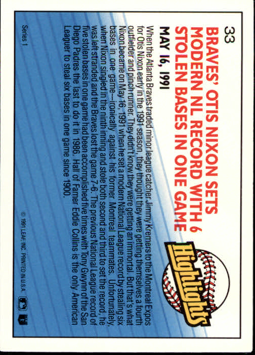 1992 Donruss #33 Otis Nixon HL back image