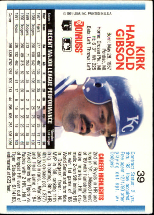 1992 Donruss #39 Kirk Gibson back image
