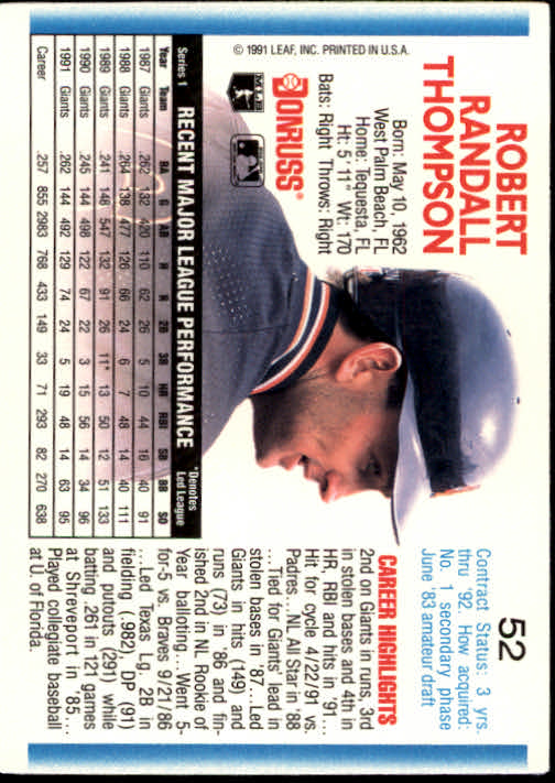 1992 Donruss #52 Robby Thompson back image
