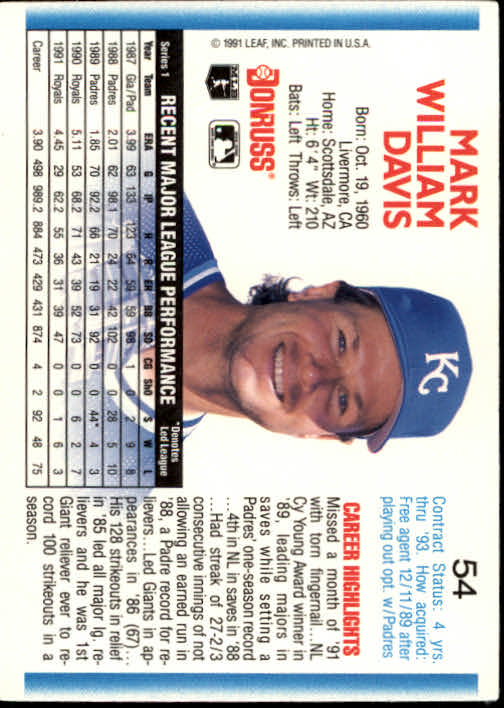 1992 Donruss #54 Mark Davis back image